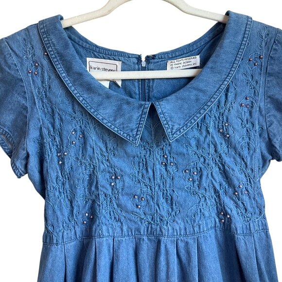 VTG Karin Steven Small Embroidered Denim Maxi Dress Peter Pan Collar Cottage - Picture 3 of 15